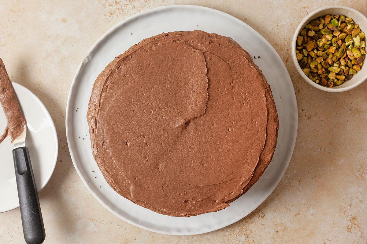 Dubai Chocolate Cake ready to garnish with pistachios