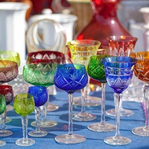 close-up of colorful crystal glasses at the market