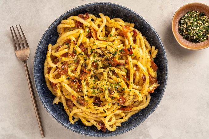 Viral Udon Carbonara served and ready to eat