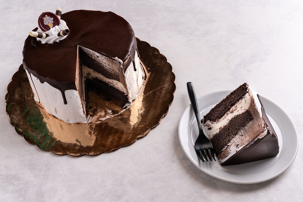 Ice cream cake with chocolate drizzle and a slice cut out next to it on a plate with a fork