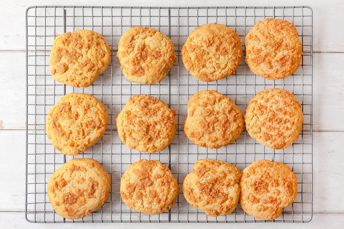 Peach Upside Down Cookies on a wire rack