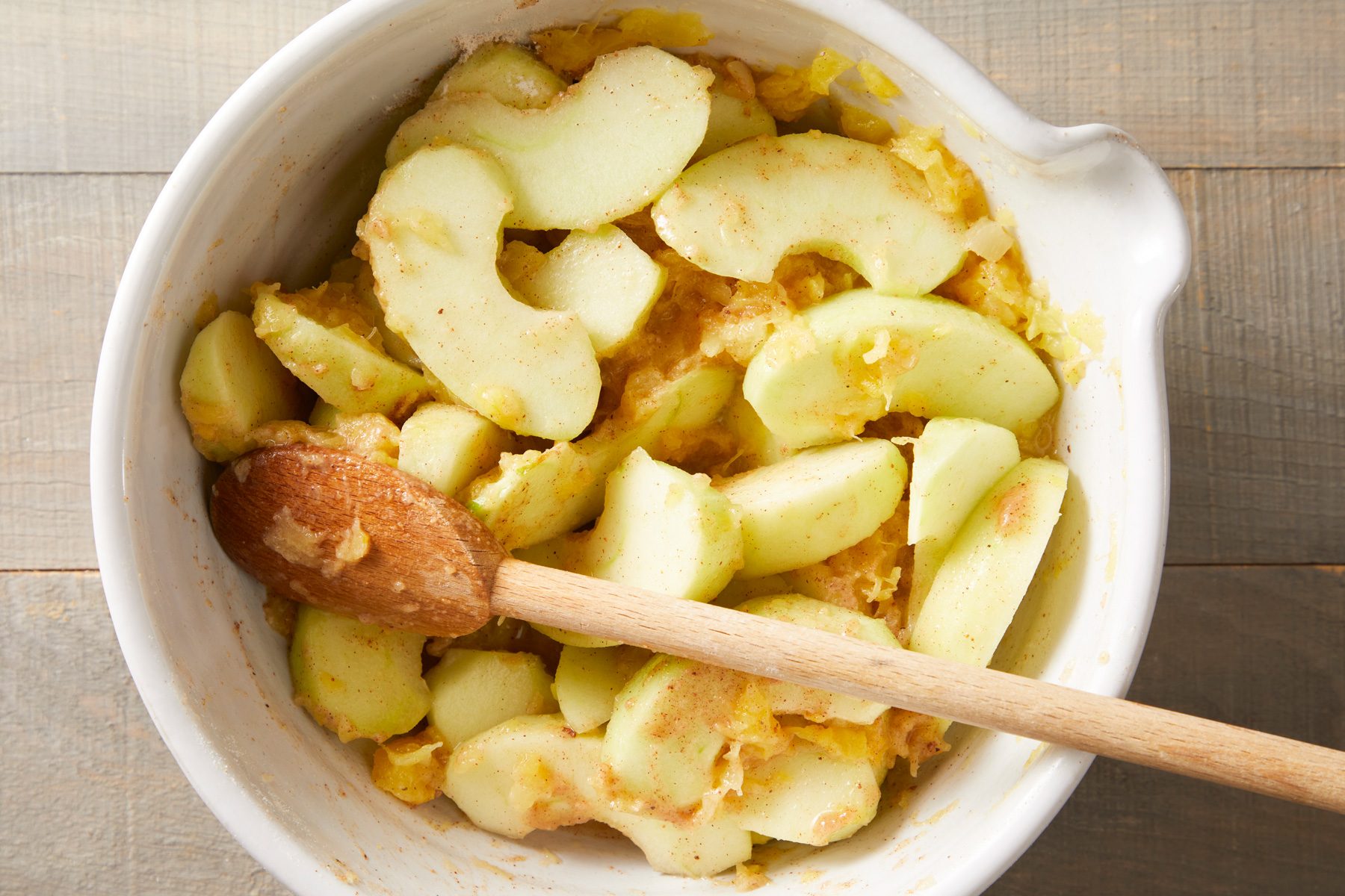 Combine the flour, sugar, cinnamon, nutmeg and salt; add to apple mixture and toss to coat.