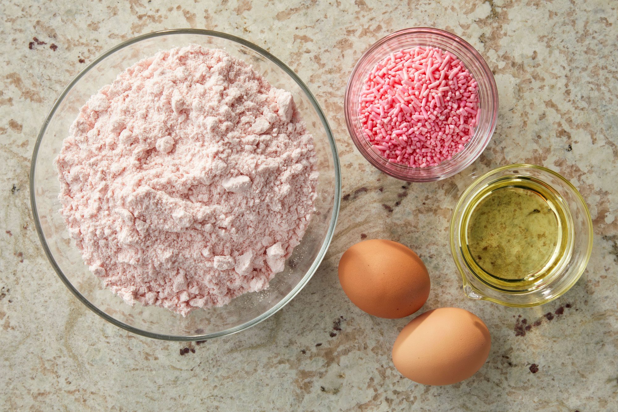 Overhead shot of all ingredients on a marble surface