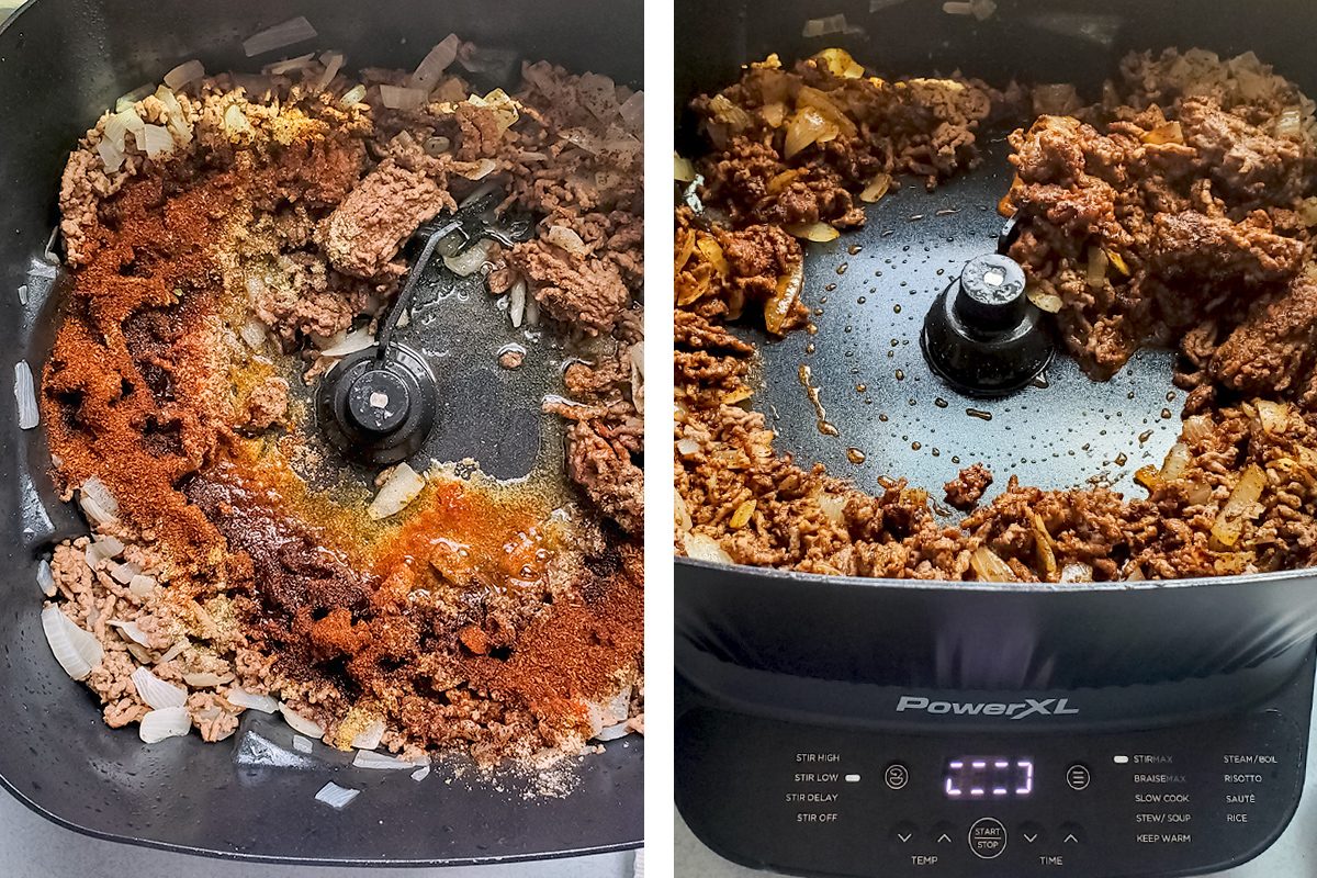 Side-by-side images show ground beef, onions, and spices cooking in a PowerXL air fryer. The left image shows raw ingredients, while the right shows them cooked and browned.
