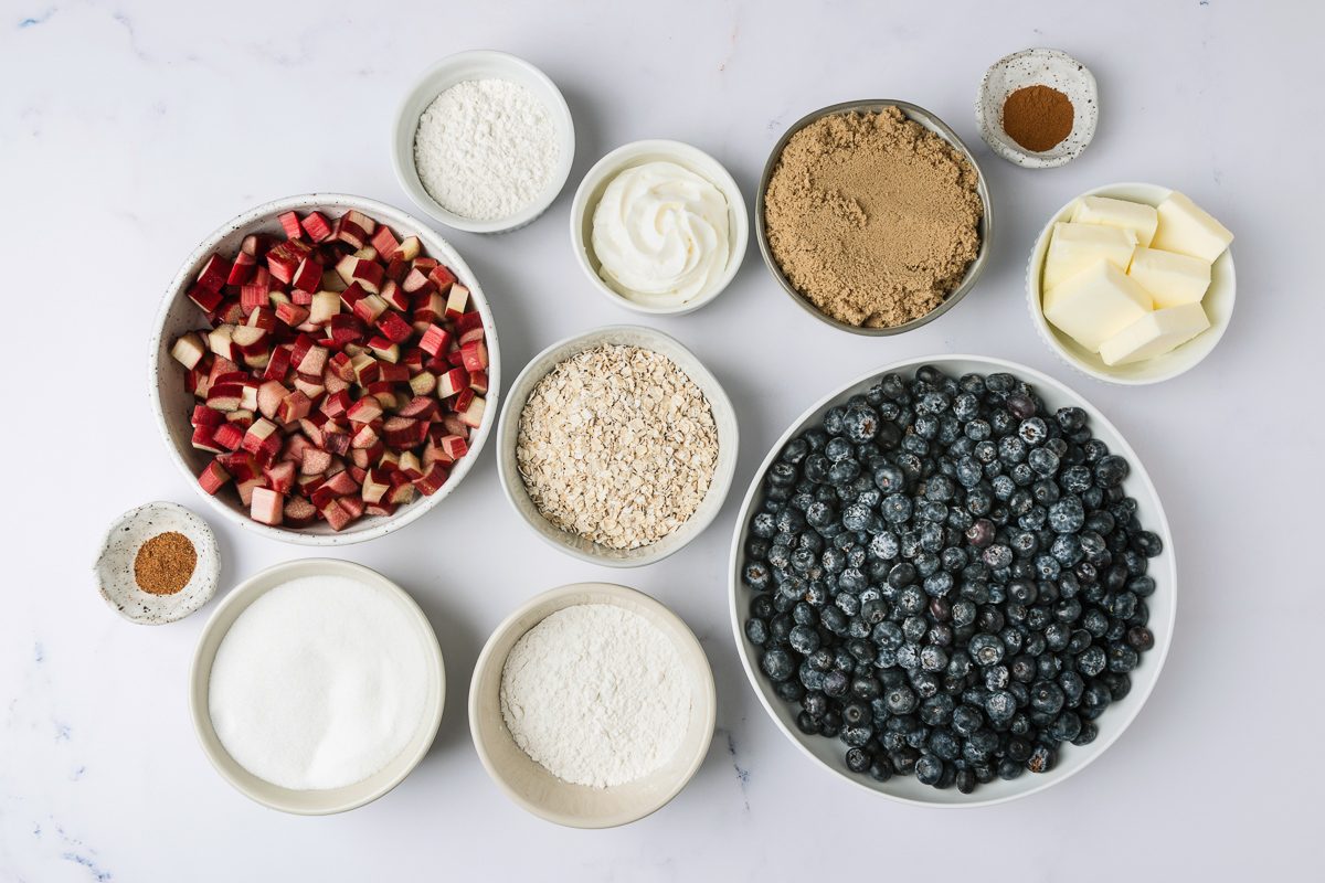 Blueberries, rhubarb, sugar, flour, spices, butter and whipped cream
