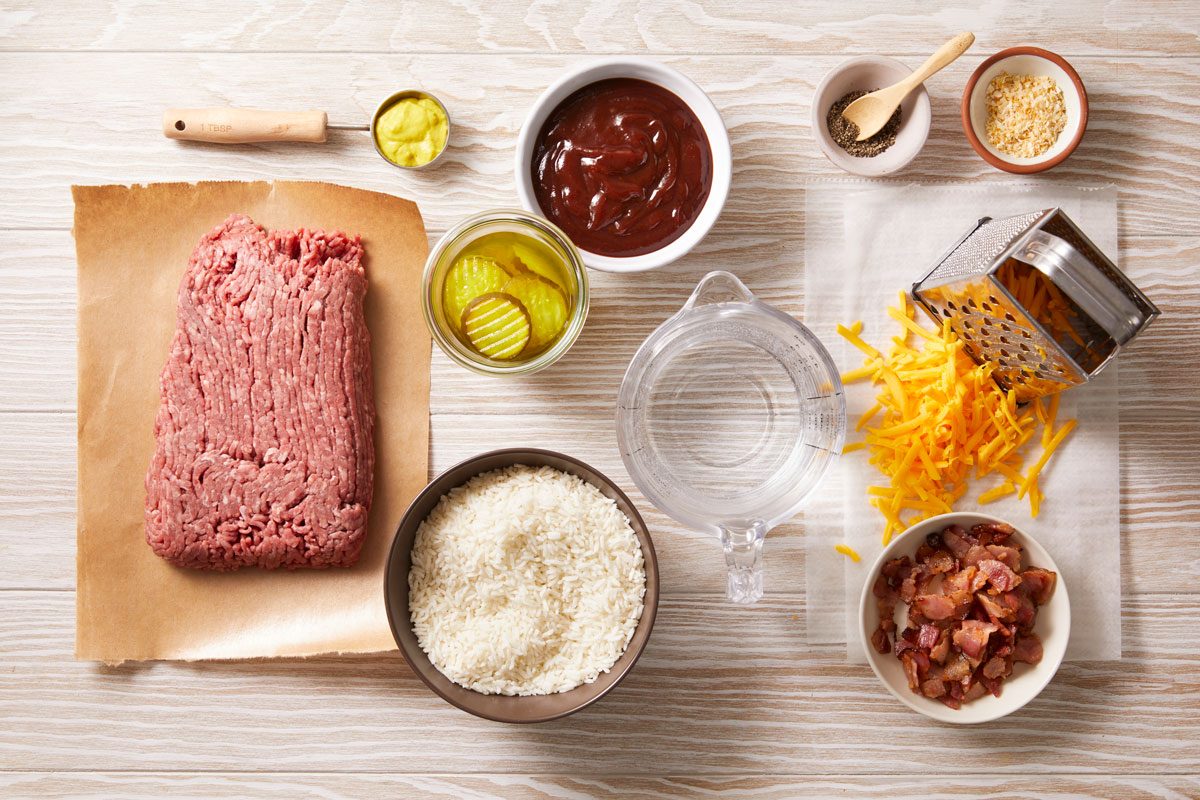 Overhead shot of ingredients for Cheeseburger Rice on the kitchen