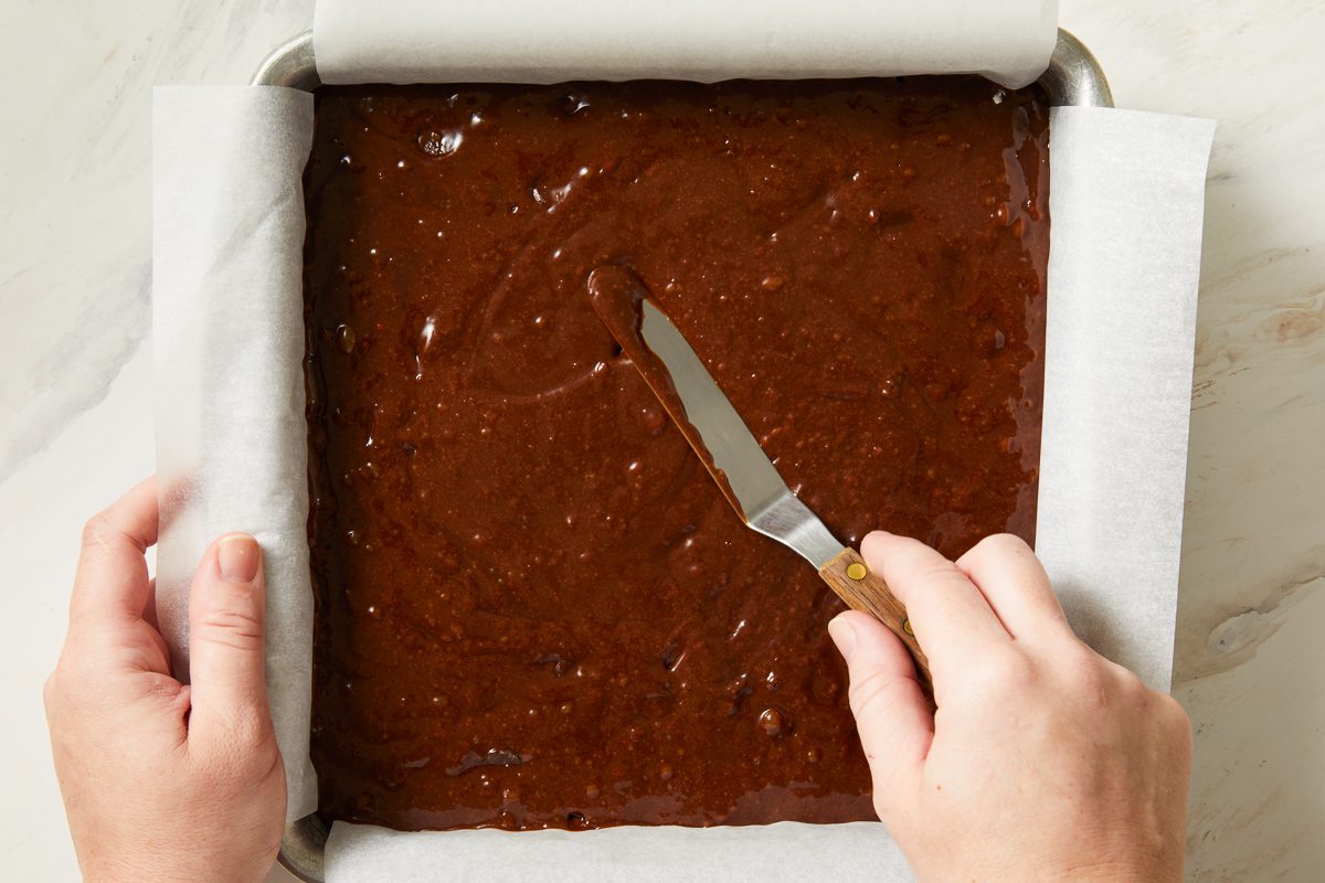 brownie batter poured into a pan