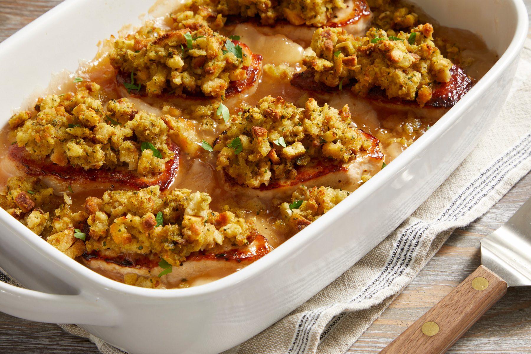 3/4 shot of Pork Chops with Apples and Stuffing;