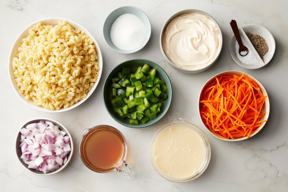 elbow macaroni, vegetables, apple cider vinegar, mayonnaise, sweet condensed milk and sugar