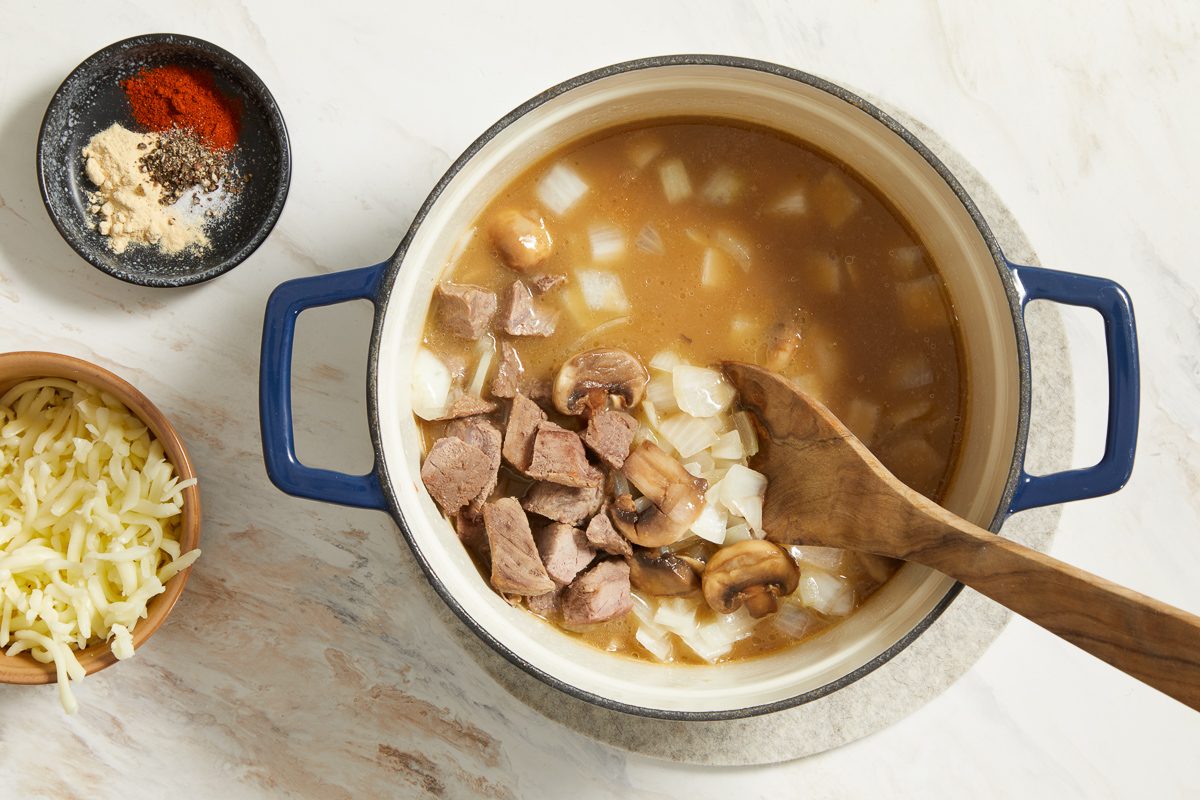 roast beef, garlic powder, paprika, pepper, salt, pepper sauce and onion mixture added to broth