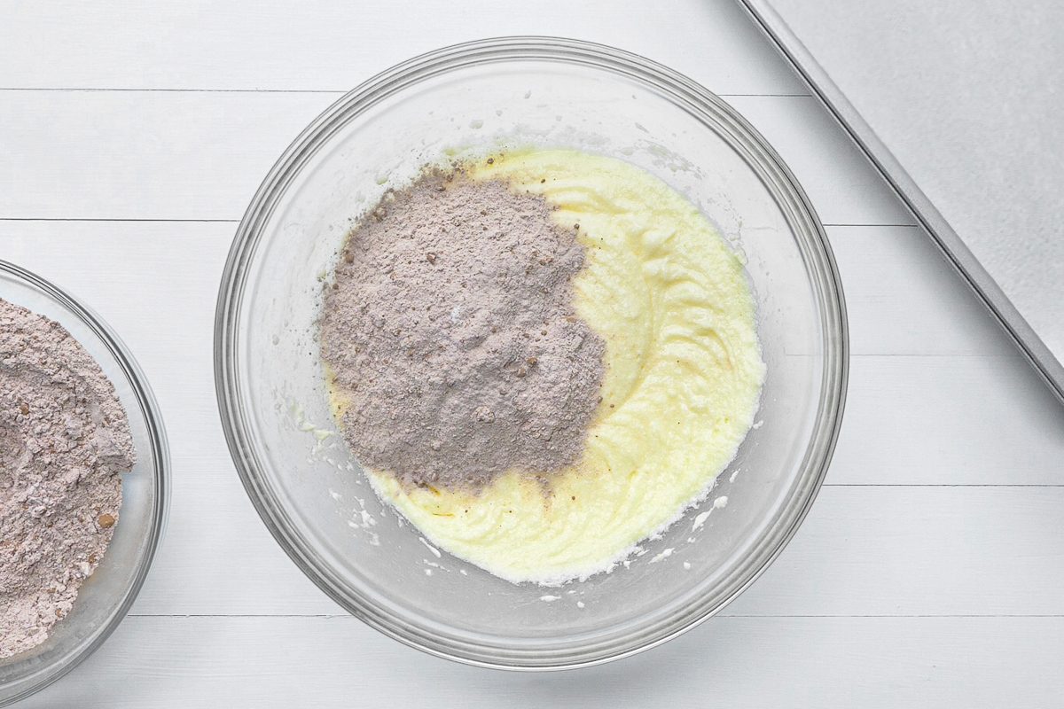 whisked together all-purpose flour, baking cocoa, baking soda and salt added to creamed mixture