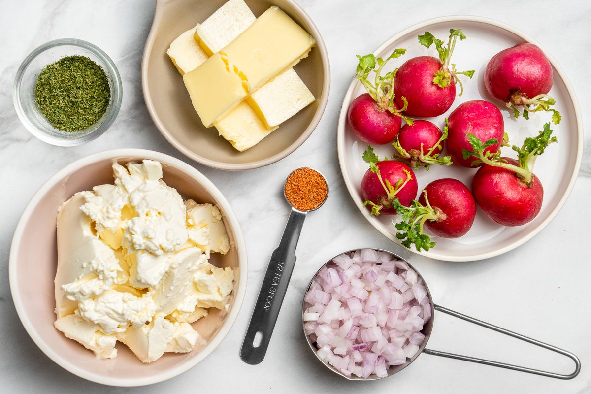 Cream cheese, Butter ,Radishes, Onion, Parsley flakes, Seasoned salt, Assorted fresh, vegetables and crackers