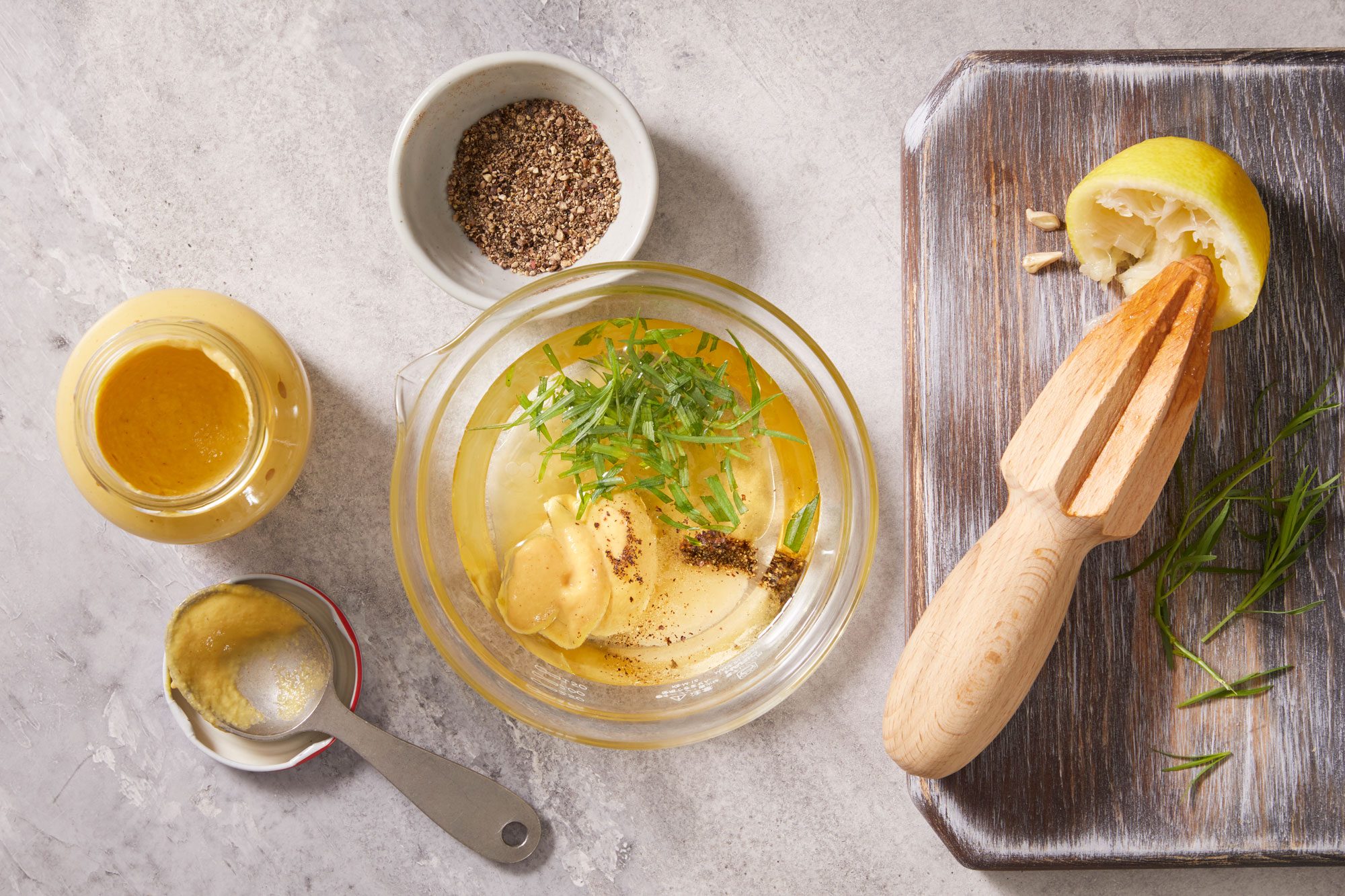 Overhead shot of ingredients for dressing