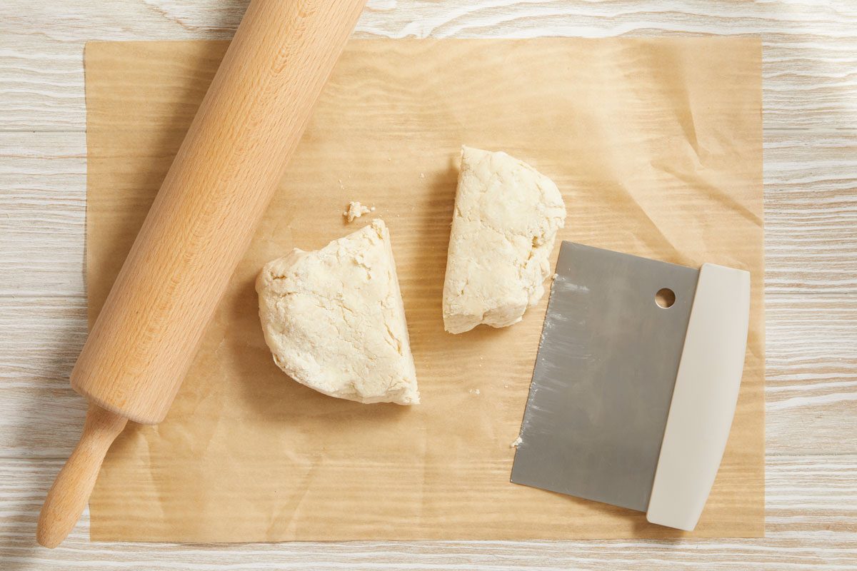 Divide dough into 2 portions so that 1 is slightly larger than the other.