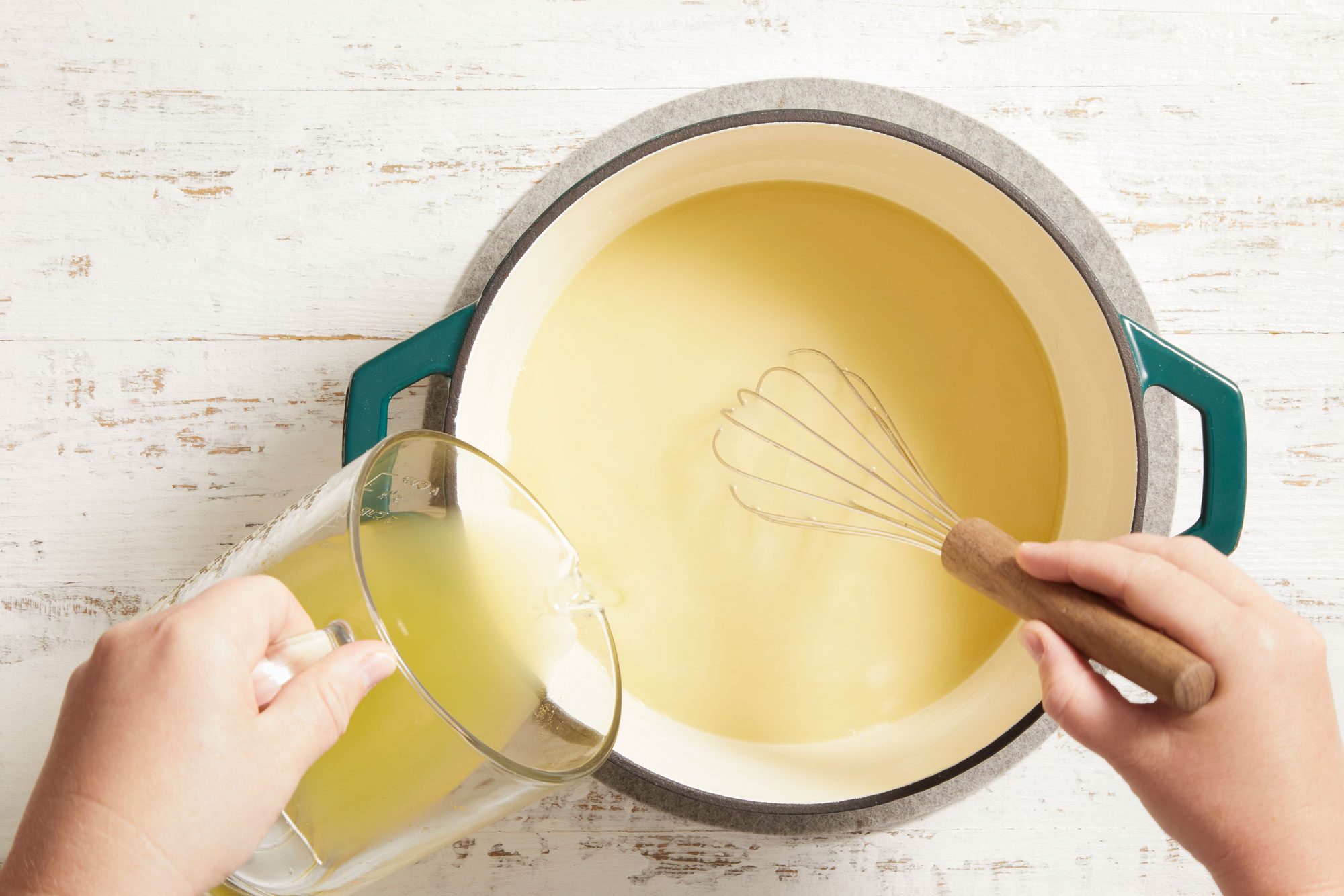 Gradually stir in broth.