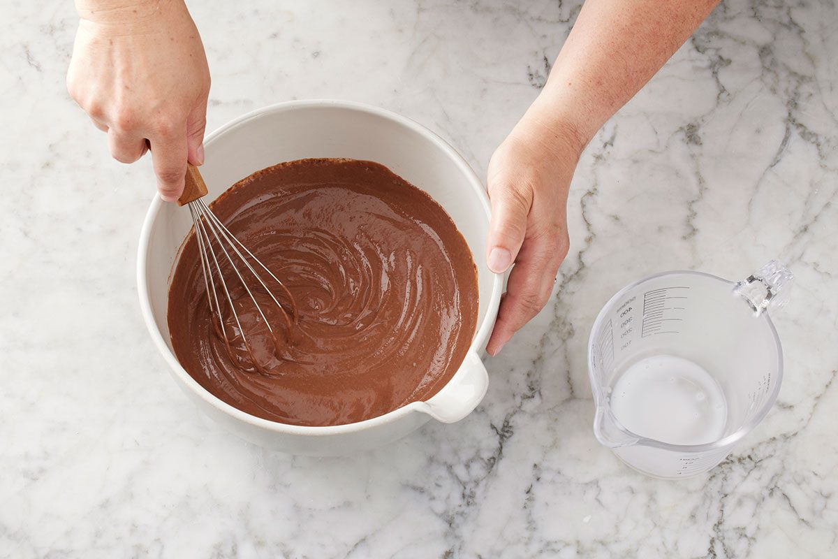 Chocolate pudding mixture being prepared for the dish