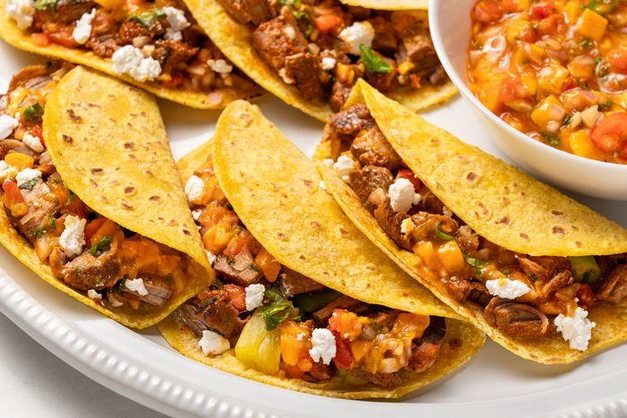 Close up shot of Pork Tacos with Mango Salsa