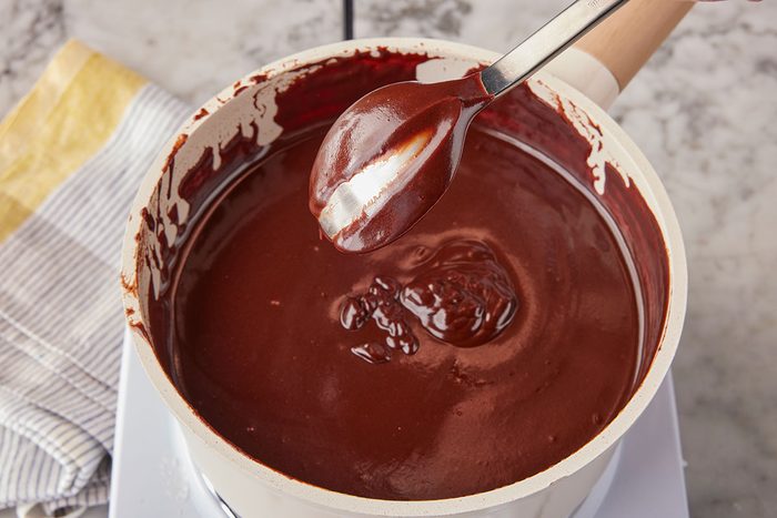 A thick chocolate mixture in the saucepan