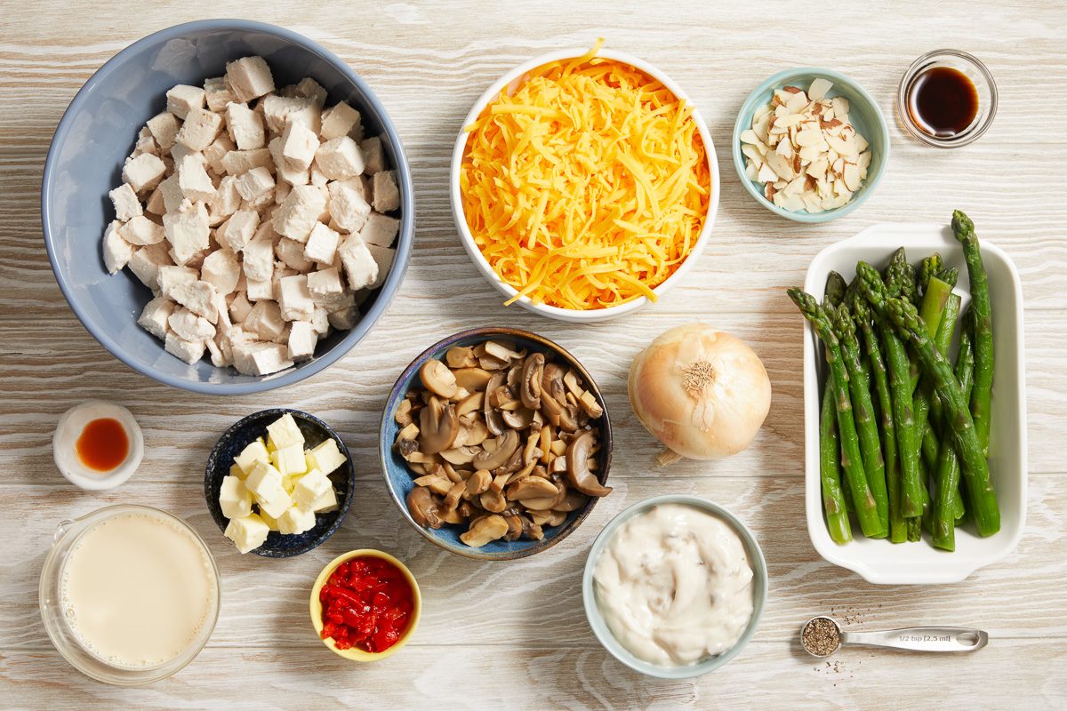 butter, onions, mushrooms, milk, pimentos, hot pepper sauce, soy sauce, cheddar cheese, asparagus, cooked chicken, sliced almonds and cream of mushroom soup 