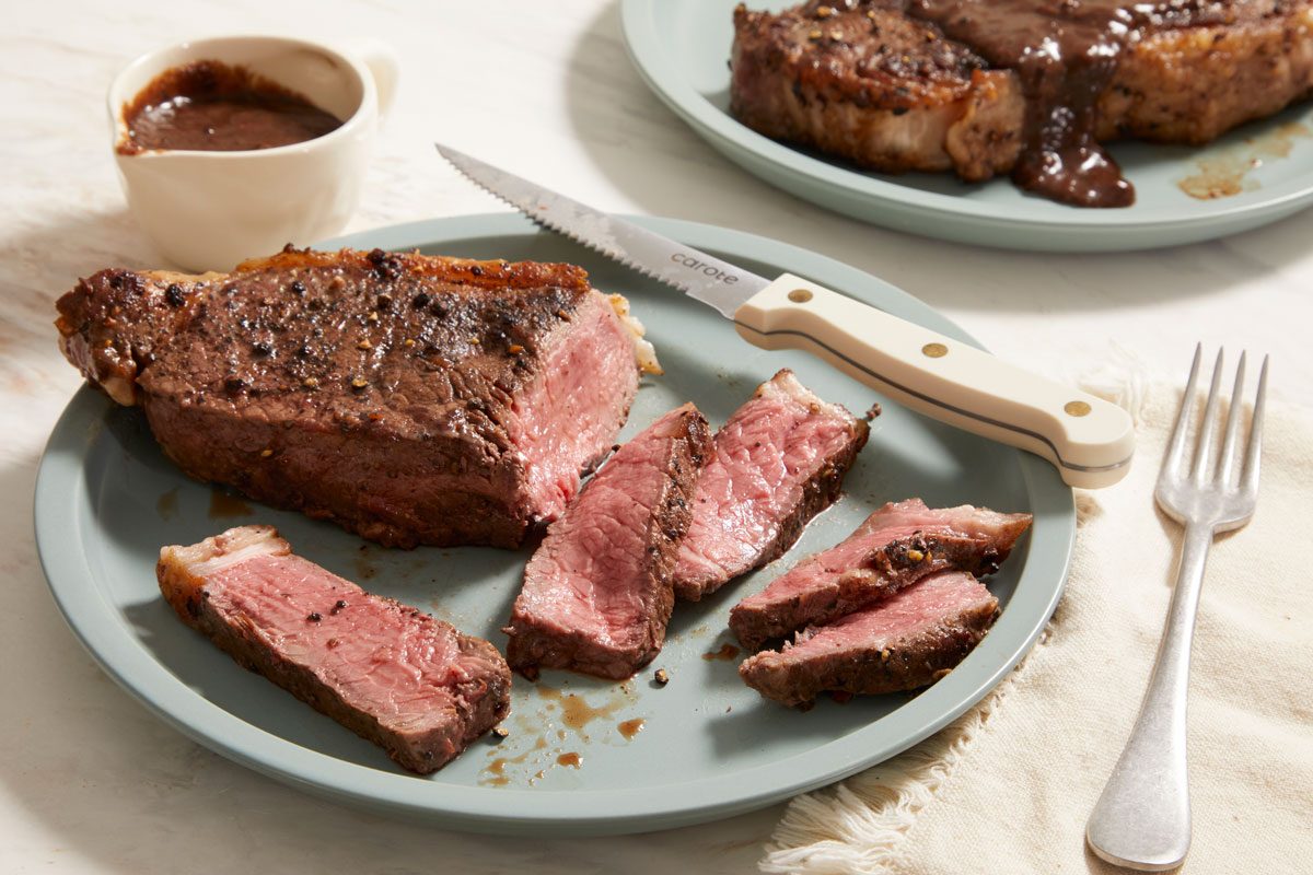 3/4 shot of Peppercorn Steaks