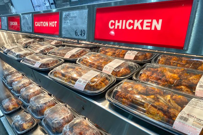 Fully stocked Rotisserie Chicken display at Costco