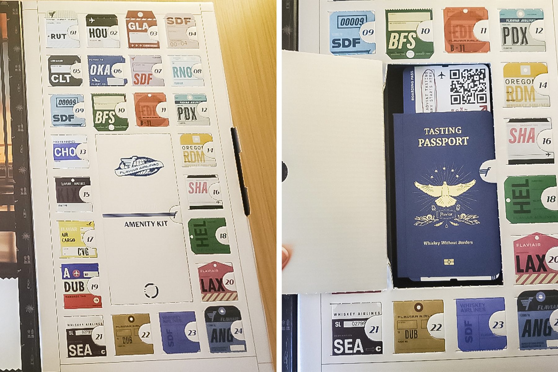 A two-panel image shows a calendar with slots labeled like airport codes. One slot is open, revealing a booklet titled "Tasting Passport" with an illustration of a bird on the cover.