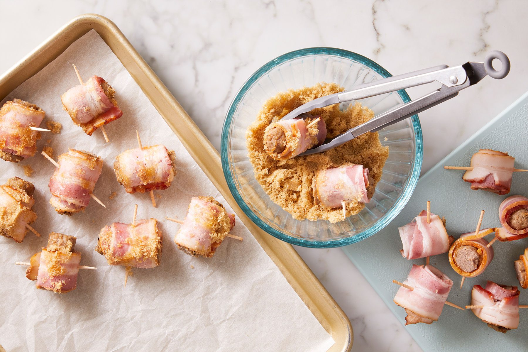 1/2 cup brown sugar in a shallow bowl and sausage bites rolled in the sugar.