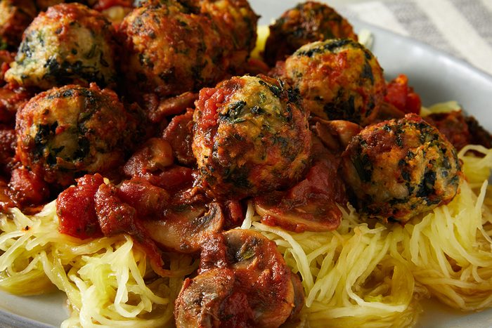 Close up shot of Chicken Florentine Meatballs