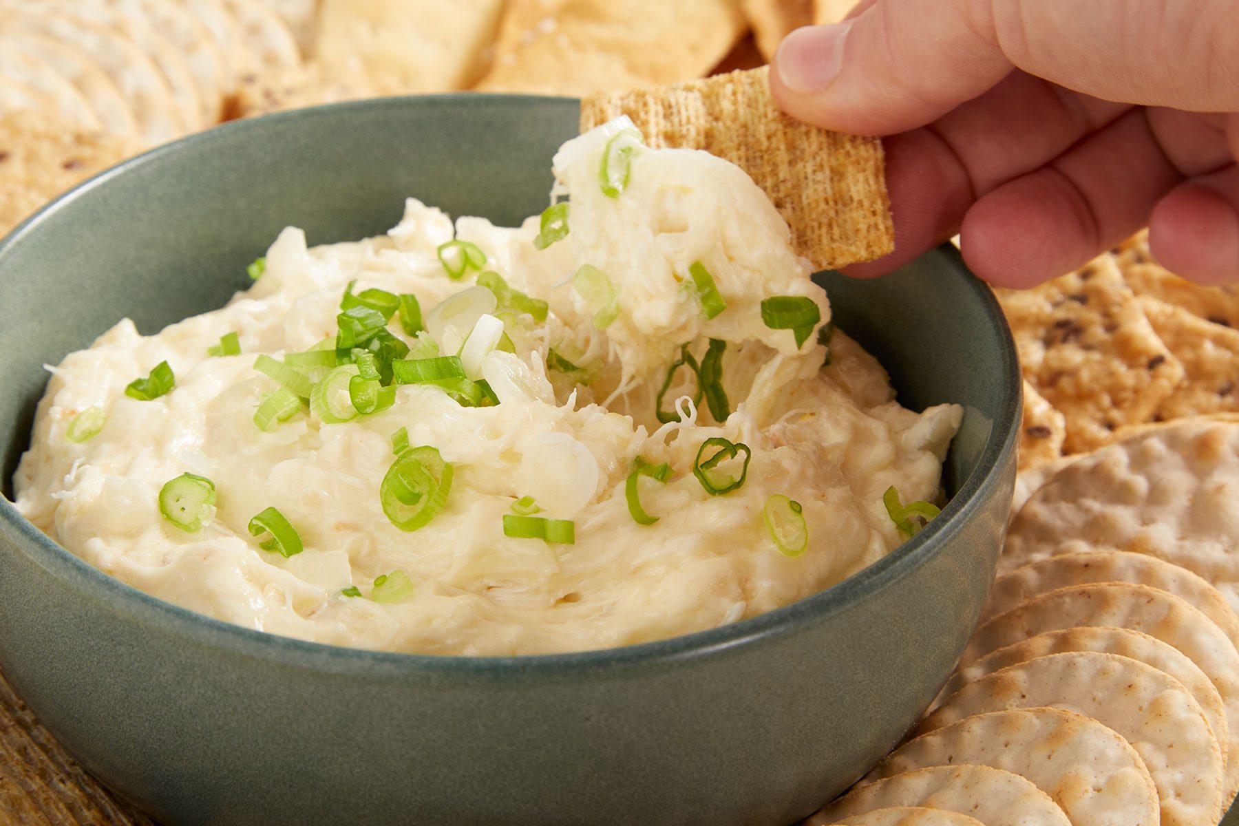 Slow Cooker Hot Crab Dip with a garnishing of sliced green onions with crackers around it. A cracker with some dip is lifted.