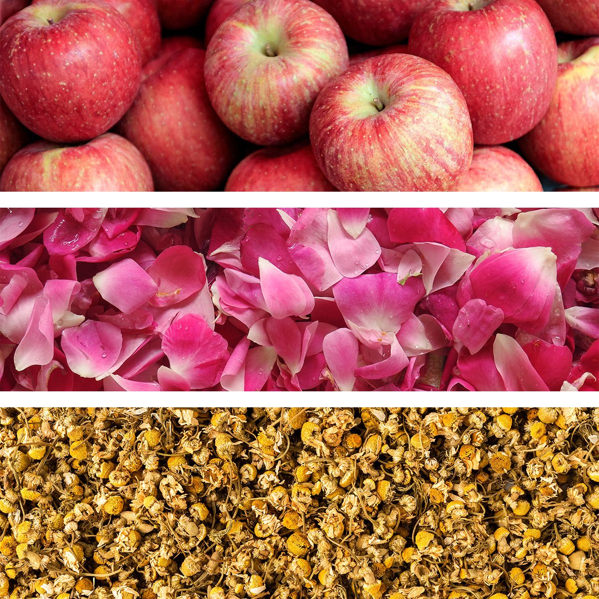 Three horizontal sections: the top shows red apples, the middle shows pink rose petals, and the bottom shows dried yellow chamomile flowers.