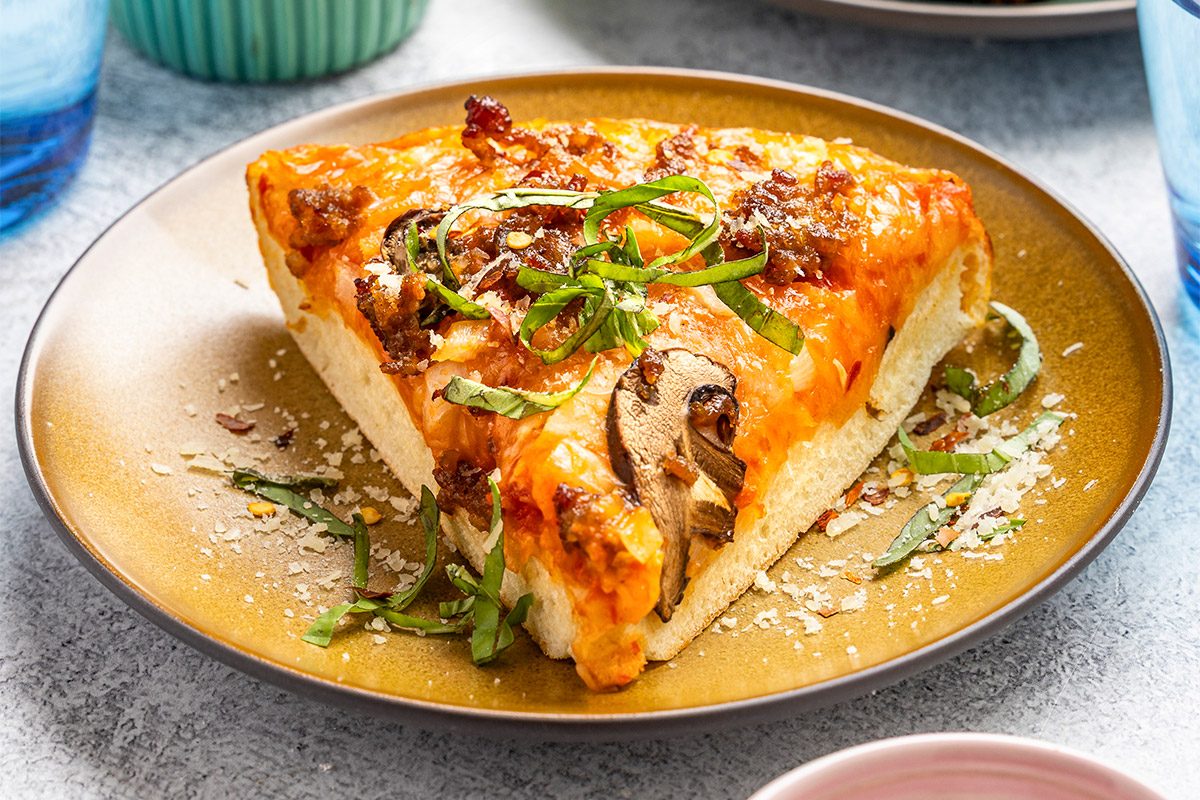 Vertical shot of Dutch Oven Pizza;