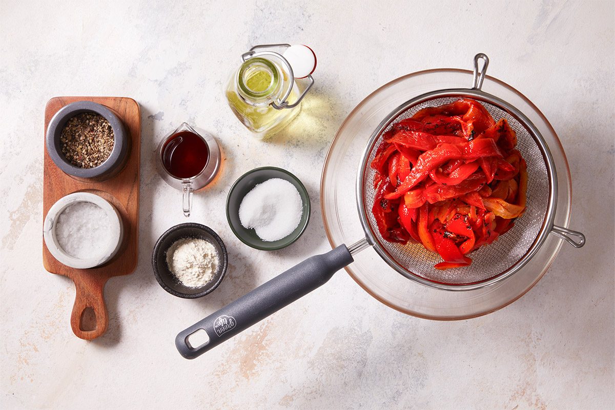 Overhead shot of ingredients for Roasted Red Pepper Spread