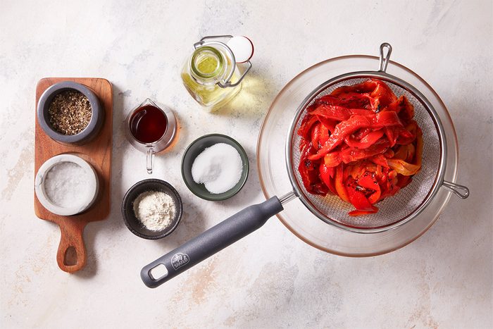 Overhead shot of ingredients for Roasted Red Pepper Spread