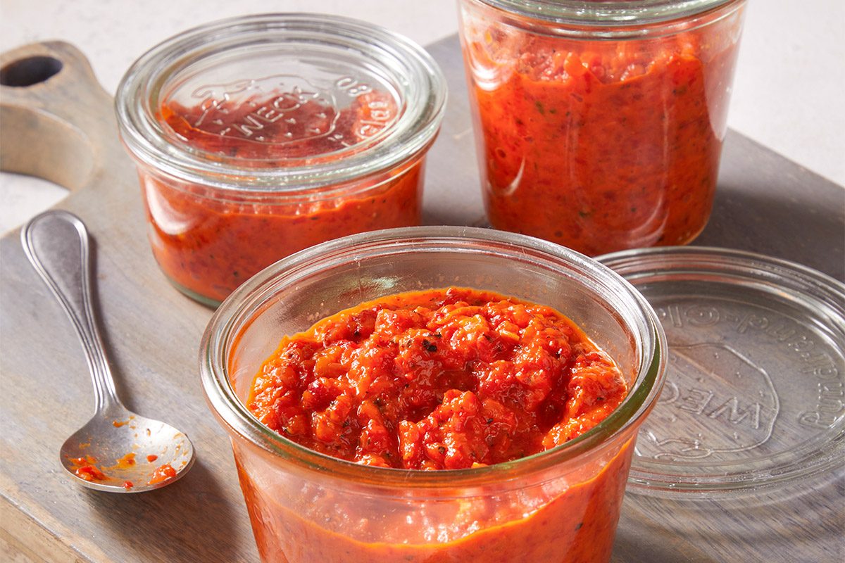 Vertical shot of Roasted Red Pepper Spread