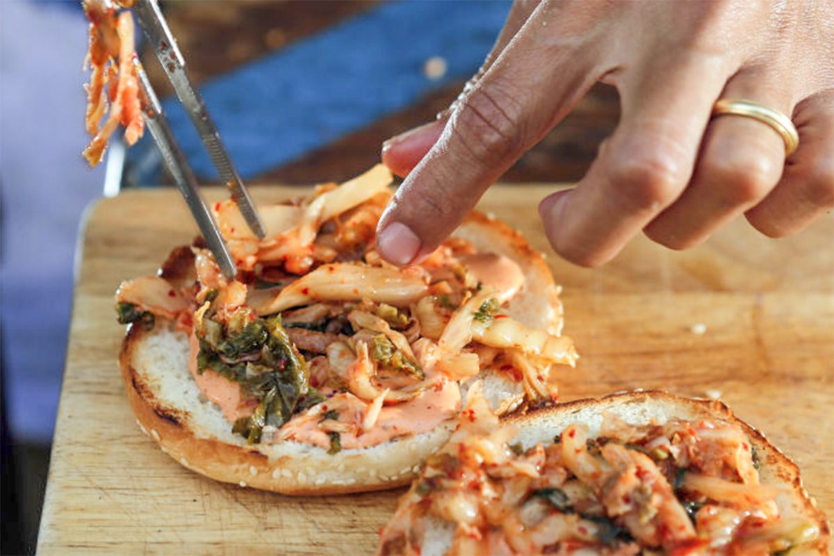 topping burger with kimchi