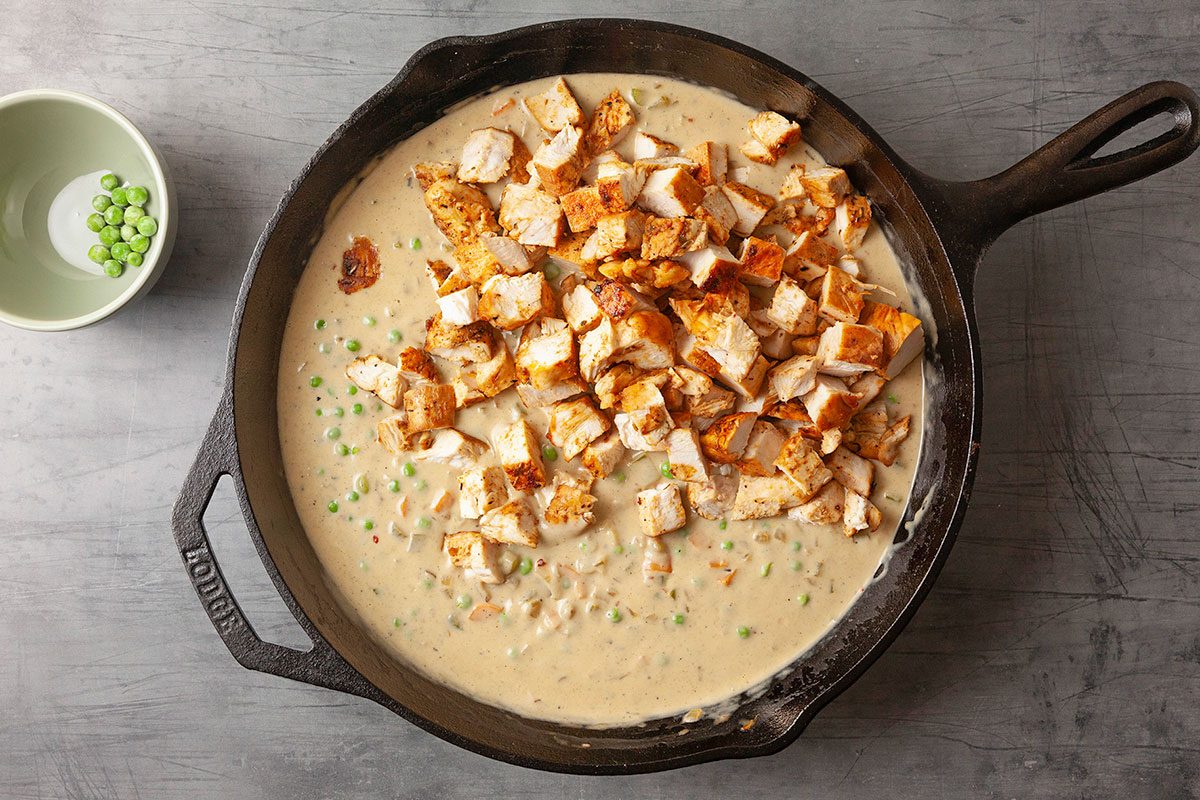 Overhead horizontal image of diced cooked chicken folded into a creamy pot pie filling inside a cast iron skillet. The mixture shows a smooth texture with visible chicken pieces and herbs.