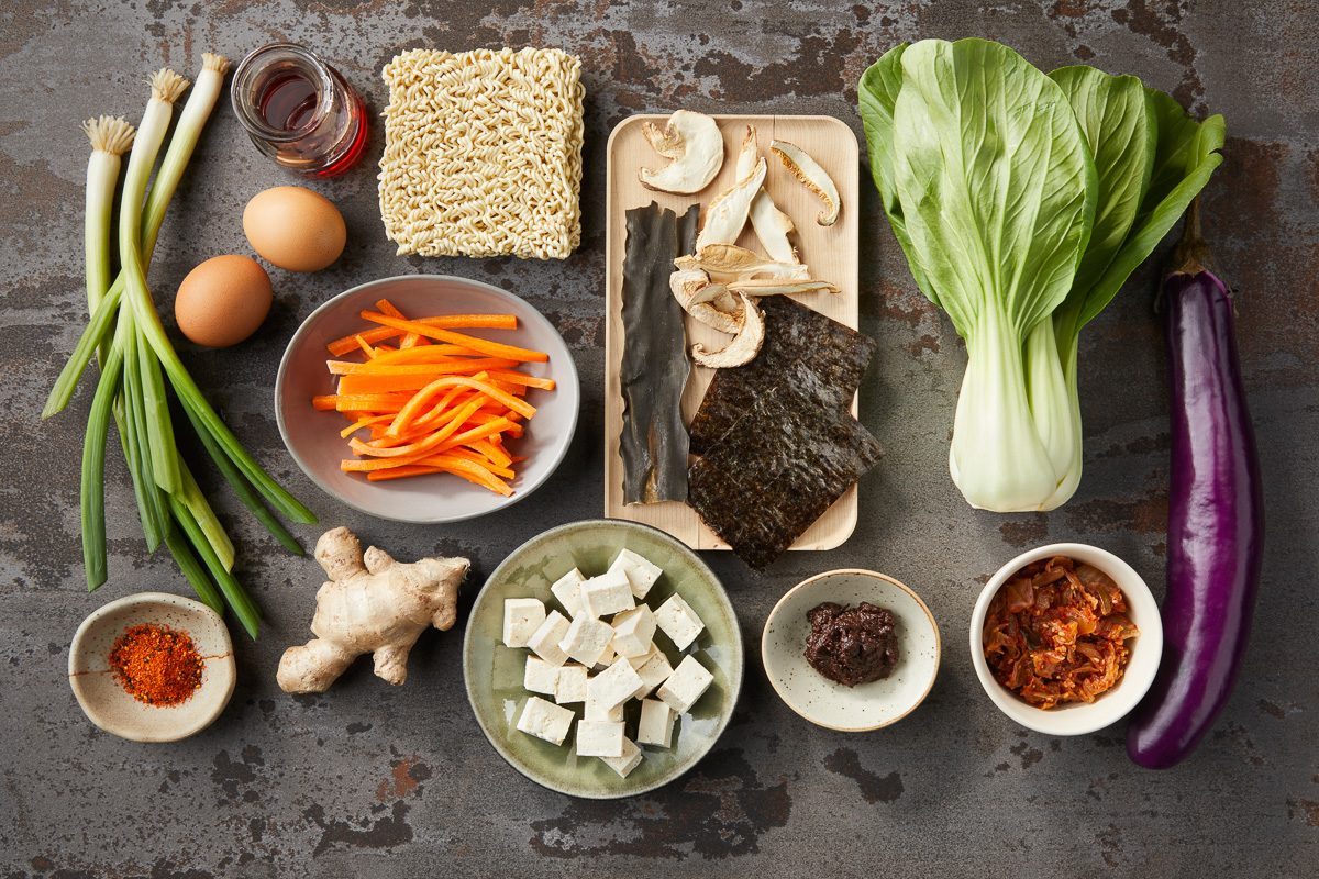 dash, green onions, eggs, red miso paste, soy sauce, almond milk, ramen noodles and toppings